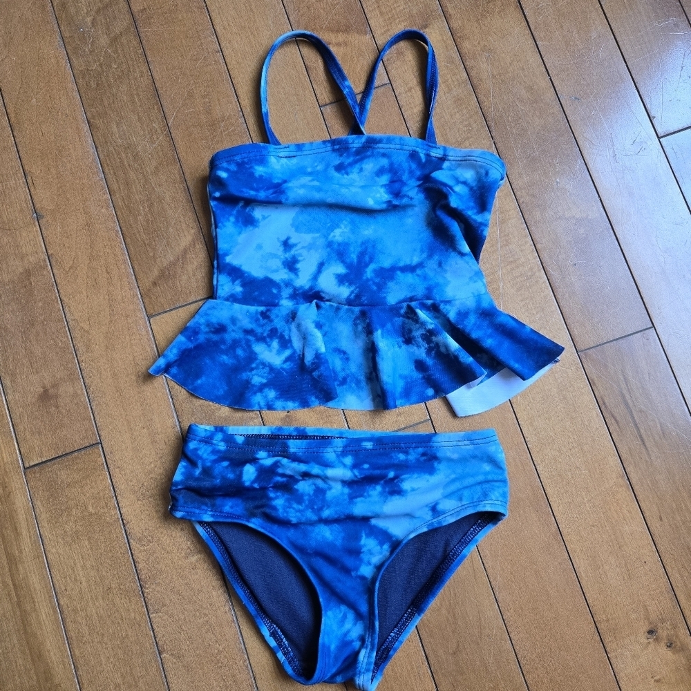 Blue Tie-Dye Girl 3T Two Piece Bikini set VGUC City Street Ruffles